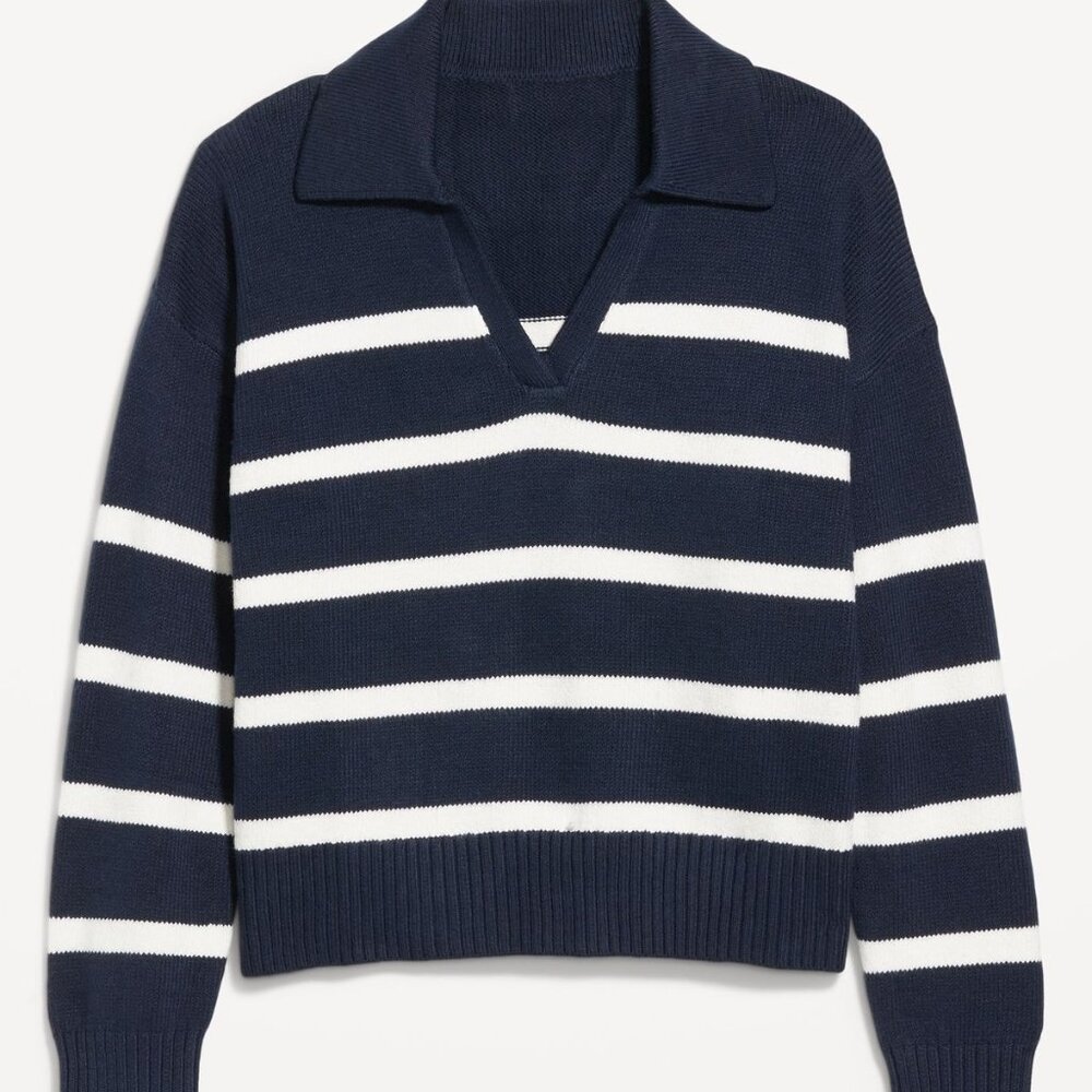 Old Navy L Navy Blue & White Striped SoSoft Collared Sweater